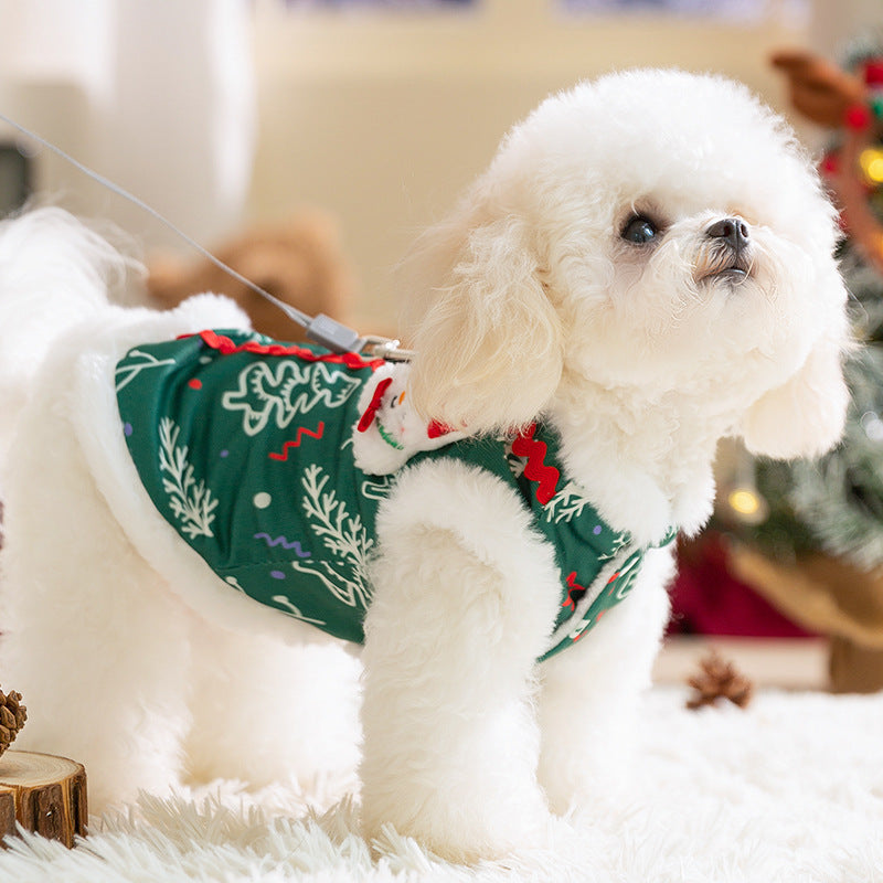 Christmas Dog Shirt With Snowman Patch, Warm Plush Pet Winter Clothes For Small Dogs, Green Holiday T-Shirt With Christmas Tree Print And D-Ring