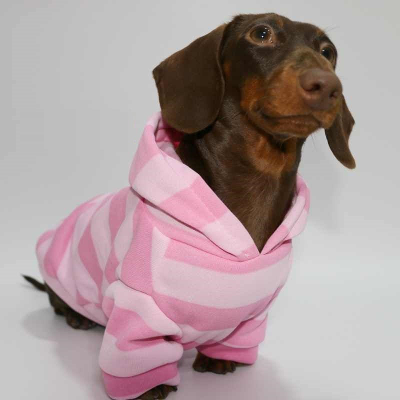 Pet Autumn And Winter Thin Velvet Hooded Pink Striped Sweater