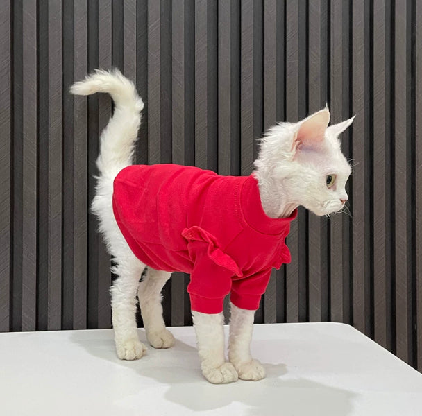 Red T-shirt With Ruffles Hairless Cat Clothing Sphynx And Devon Rex Apparel
