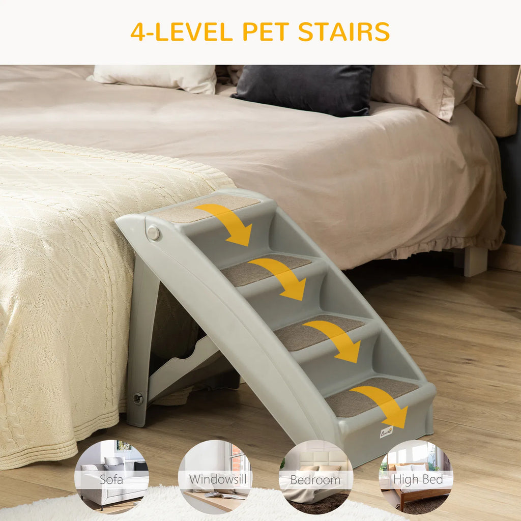 4-Level Portable Dog Stairs, Foldable Dog Steps for Small Dogs, Lightweight Cat Steps, with Nonslip Soft Mats, for High Bed, Sofa, Grey