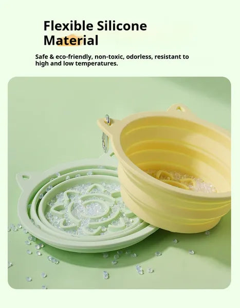 3-in-1 Pet Travel Collapsible Bowl Foldable Slow-Feeder With Strong Suction Cups Portable Silicone Dog Bowl With Hook For Hanging On Collar-Backpack