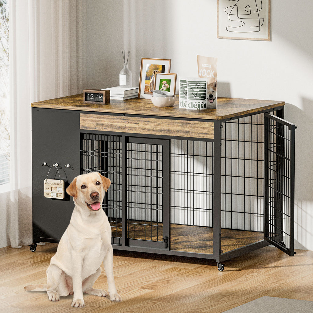 42-Inch Double Wide Wooden Double-Door Dog Crate Side Table Combo - Heavy-Duty DIY Assembly, Chew-Resistant Construction, Indoor Living Room