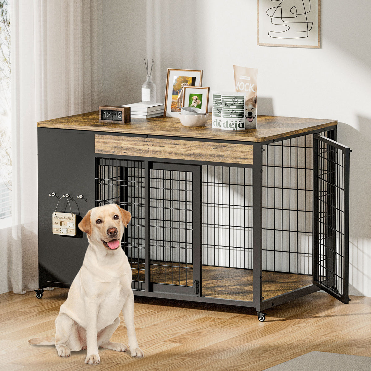 42-Inch Double Wide Wooden Double-Door Dog Crate Side Table Combo - Heavy-Duty DIY Assembly, Chew-Resistant Construction, Indoor Living Room