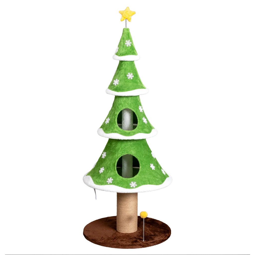 59in Large Tall Christmas Tree Cat Tower with 2 Cat Condos & Scratching Post, Soft Fleece Cat Tree with Teaser Toy & Sturdy Base & Built-in Openings