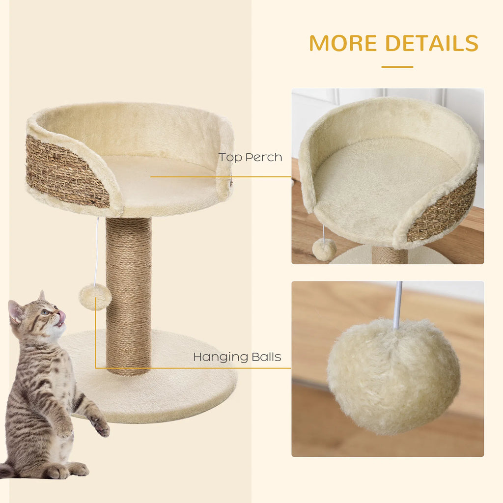 Cat Tree with Scratching Post, Toy Ball, Perch, Small Cat Tower for Indoor Cats - 16" x 16" x 19", Beige