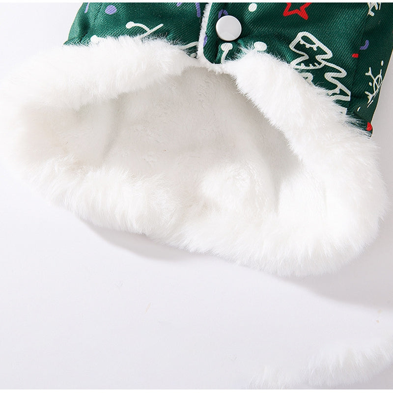 Christmas Dog Shirt With Snowman Patch, Warm Plush Pet Winter Clothes For Small Dogs, Green Holiday T-Shirt With Christmas Tree Print And D-Ring
