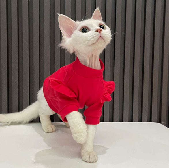 Red T-shirt With Ruffles Hairless Cat Clothing Sphynx And Devon Rex Apparel