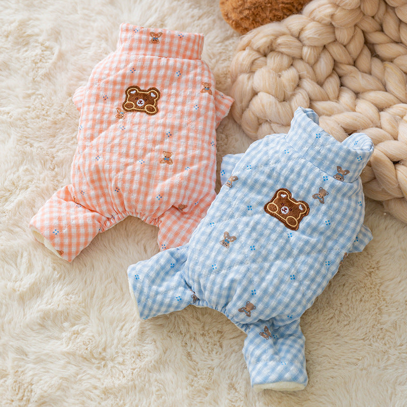 Cute Korean Cartoon Checkerboard Pattern Bear Full-printed Four-legged Cotton Coat For Dogs In Autumn And Winter, Teddy Pet Clothes For Cats