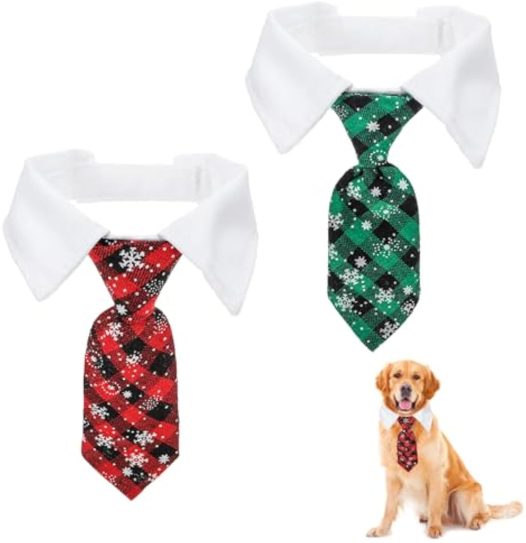 Christmas Dog Necktie, Adjustable Winter Snowflake Pattern Pet Tie Collar With Red Plaid For Small Medium Cat Dog Christmas Weddings Pet Tuxedo Outfit