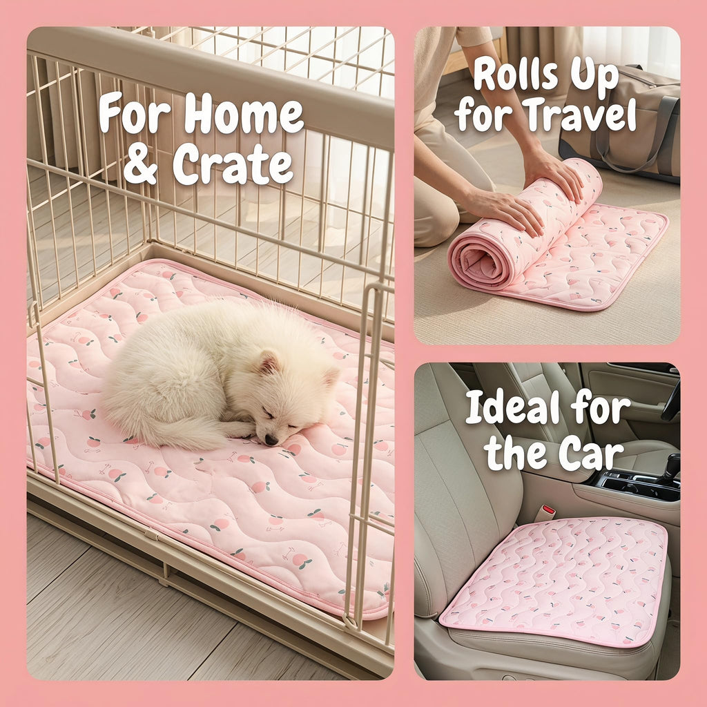 Self-Cooling Pet Mat For Dogs & Cats Foldable Summer Cooling Pad With Fruit Print Washable Dog Bed For Crate Floor Sofa & Car-Pink Cherry Style