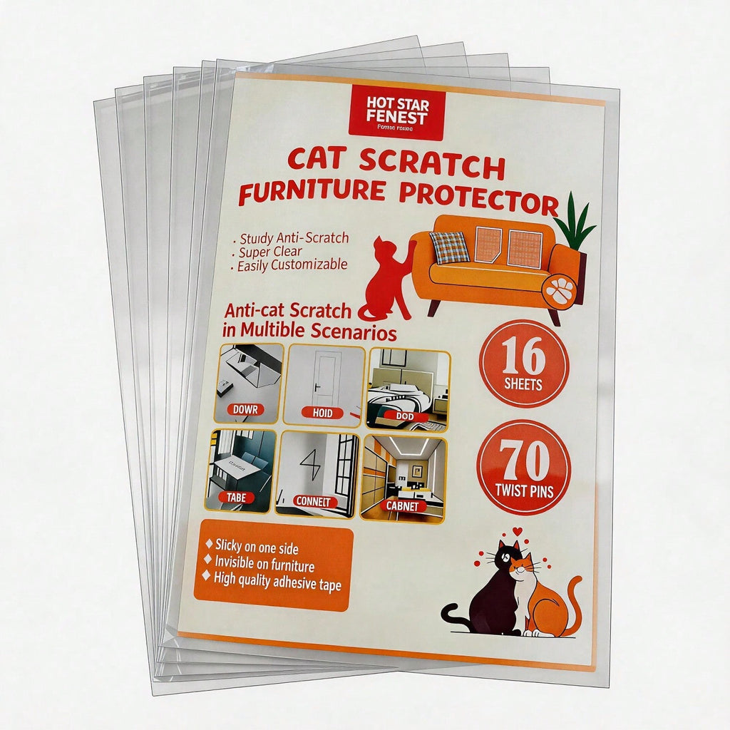 Cat Scratch Furniture Protector Set 16 Clear Sheets, Incldes 8 Sheets Of 279 358mm And 8 Sheets Of 140 358mm, 70 Twist Pins, Invisible Anti Scratch