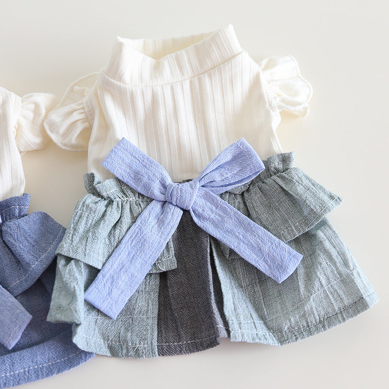 Cotton Linen Denim Blue Flounced Sleeve Skirt Pet Clothes