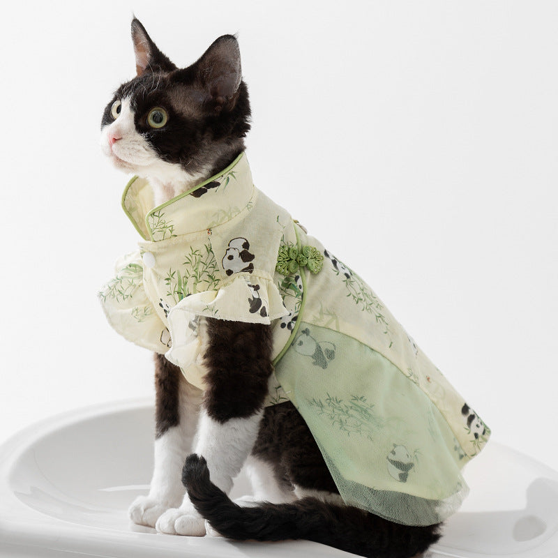 Sphynx Cat Summer Dress With Buckle For Leash Pandas Bamboo Pattern
