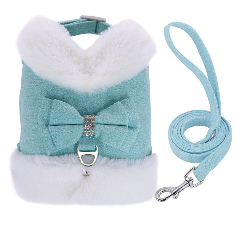 Cute Warm Small Dog Harness And Leash Set With Bow Tie, Soft Padded Puppy Harness With Removable Fur Collar, Adjustable Girl Dog Harness With Quick