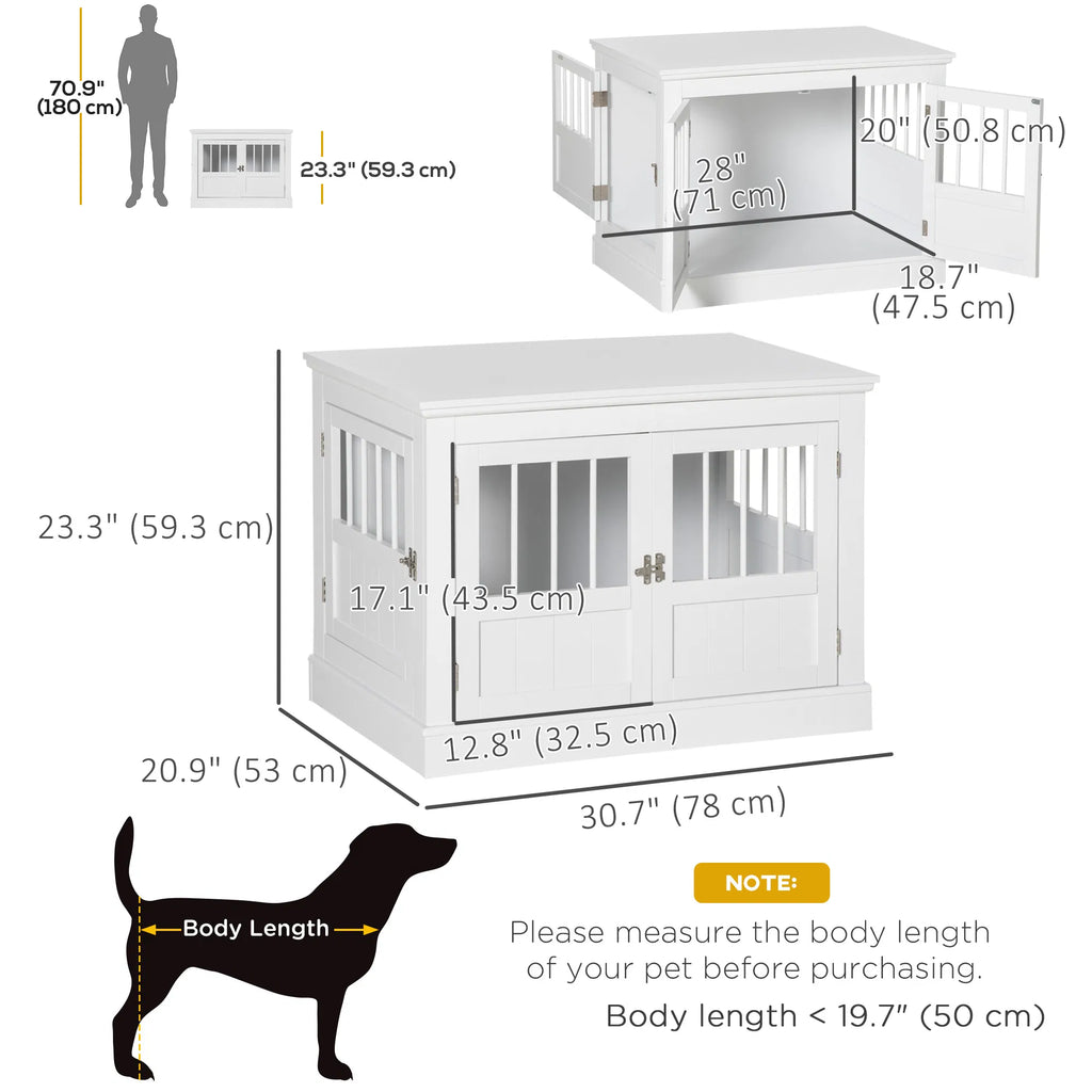 31" Dog Crate Furniture End Table with Three Doors for Small Dogs, White