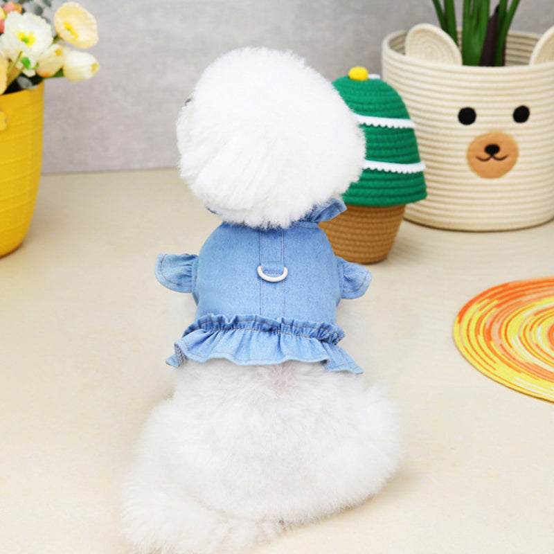 Pets Jeans Dress Apparel Dog Ruffles Vest Pet Harness Denim Dress Puppy Blue Jeans Clothes Cat Dogs Leash Hook Chest Back Dress
