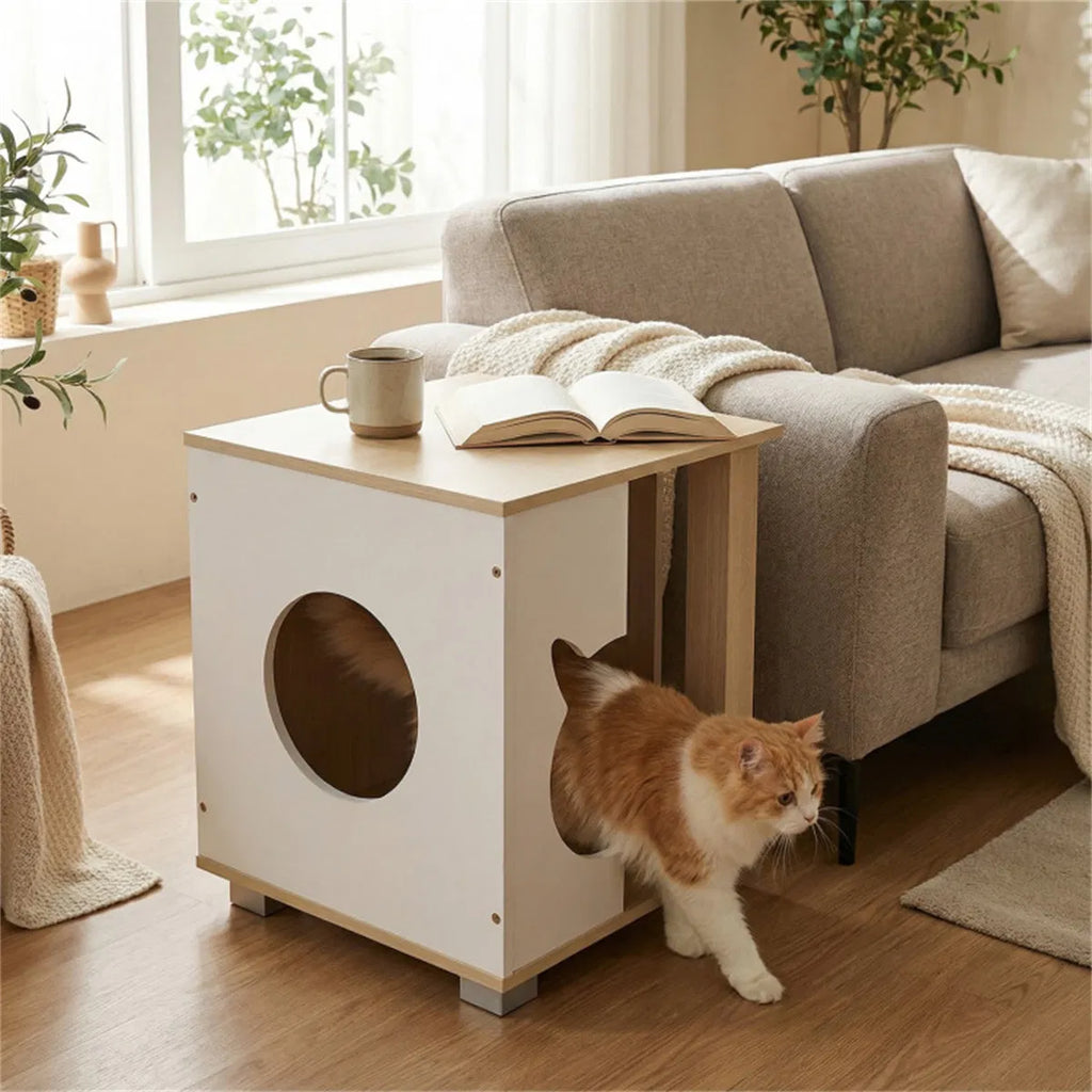 Multipurpose Wooden Cat House Nightstand, Sturdy Metal Base Anti-Slip Pet Furniture