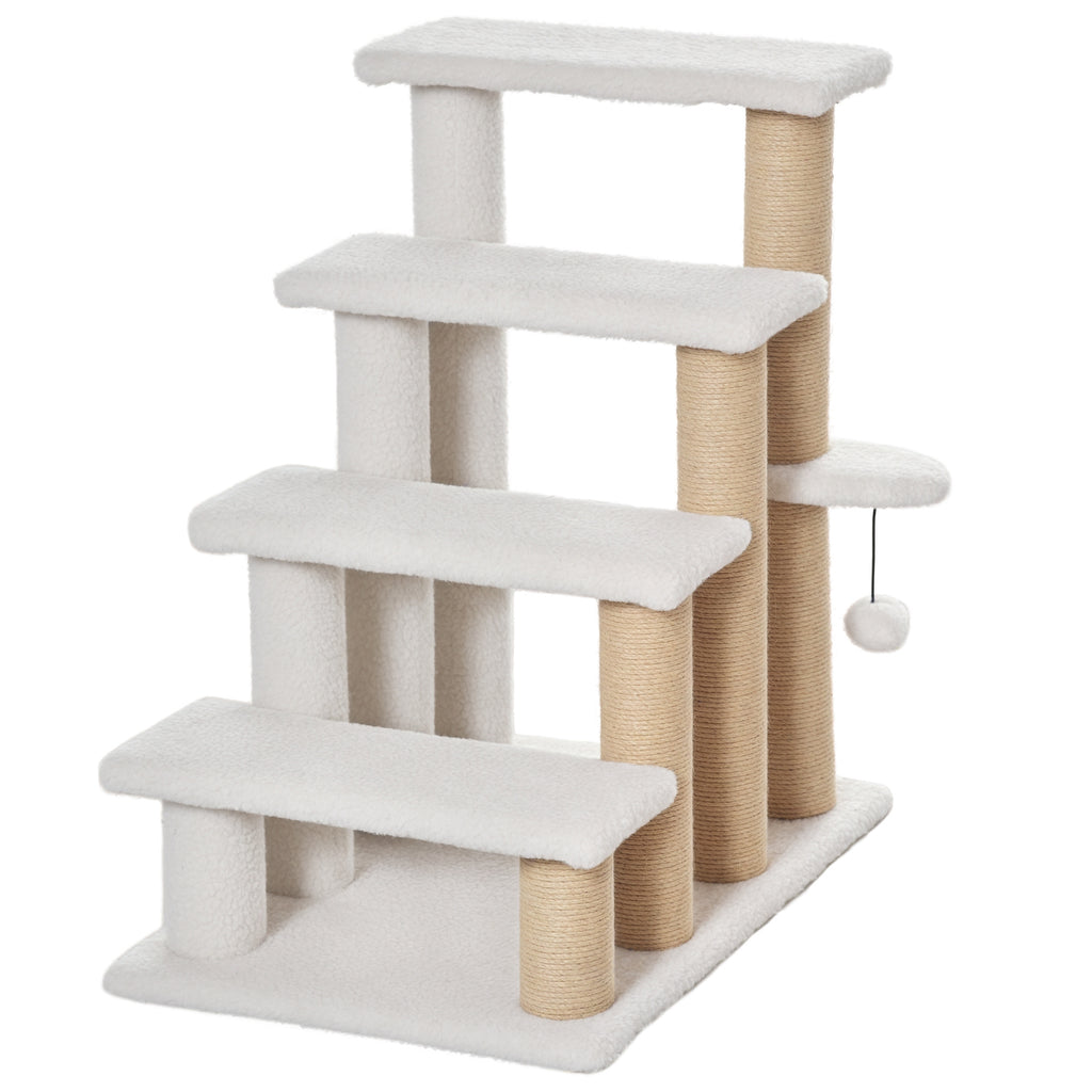 4 Levels Cat Steps with Scratching Posts for High Bed, Sofa, White