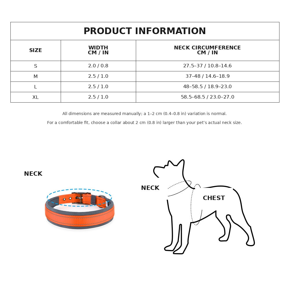 Reflective Dog Collar For Medium Dogs, Adjustable Wide Soft Comfortable Breathable Neoprene Padded Nylon Collar With Heavy Duty Metal Buckle For