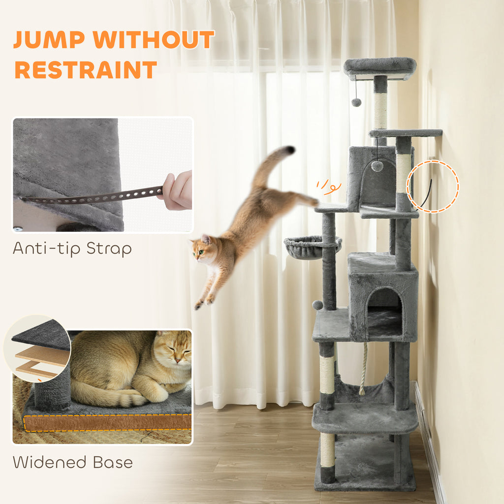Multi-Level Cat Tower, 80" Tall Cat Tree, with 2 Condos, 2 Hammocks, 6 Sisal Scratching Posts, Dark Gray