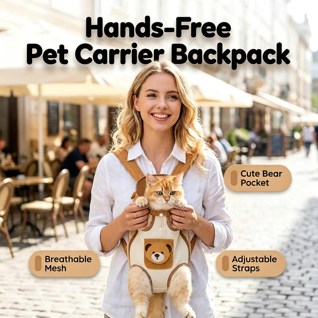 Cute Bear Pet Front Carrier Backpack, Hands Free Chest Carry Bag For Small Dogs Cats, Breathable Legs Out Design Adjustable Secure Buckles For Daily