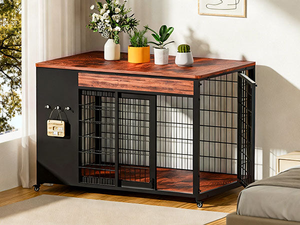42-Inch Double Wide Wooden Double-Door Dog Crate Side Table Combo - Heavy-Duty DIY Assembly, Chew-Resistant Construction, Indoor Living Room
