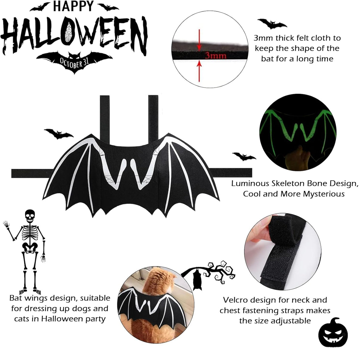 Dog Halloween Costumes Dog Bat Costume Cool Luminous Skeleton Bone Bat Wings Pets Cosplay Costumes Dress Up Apparel For Small Medium Large Cats And