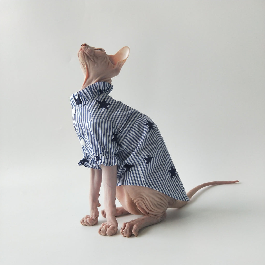 Sphynx Cat Cotton Shirt With Tie Blue Striped With Stars Pattern