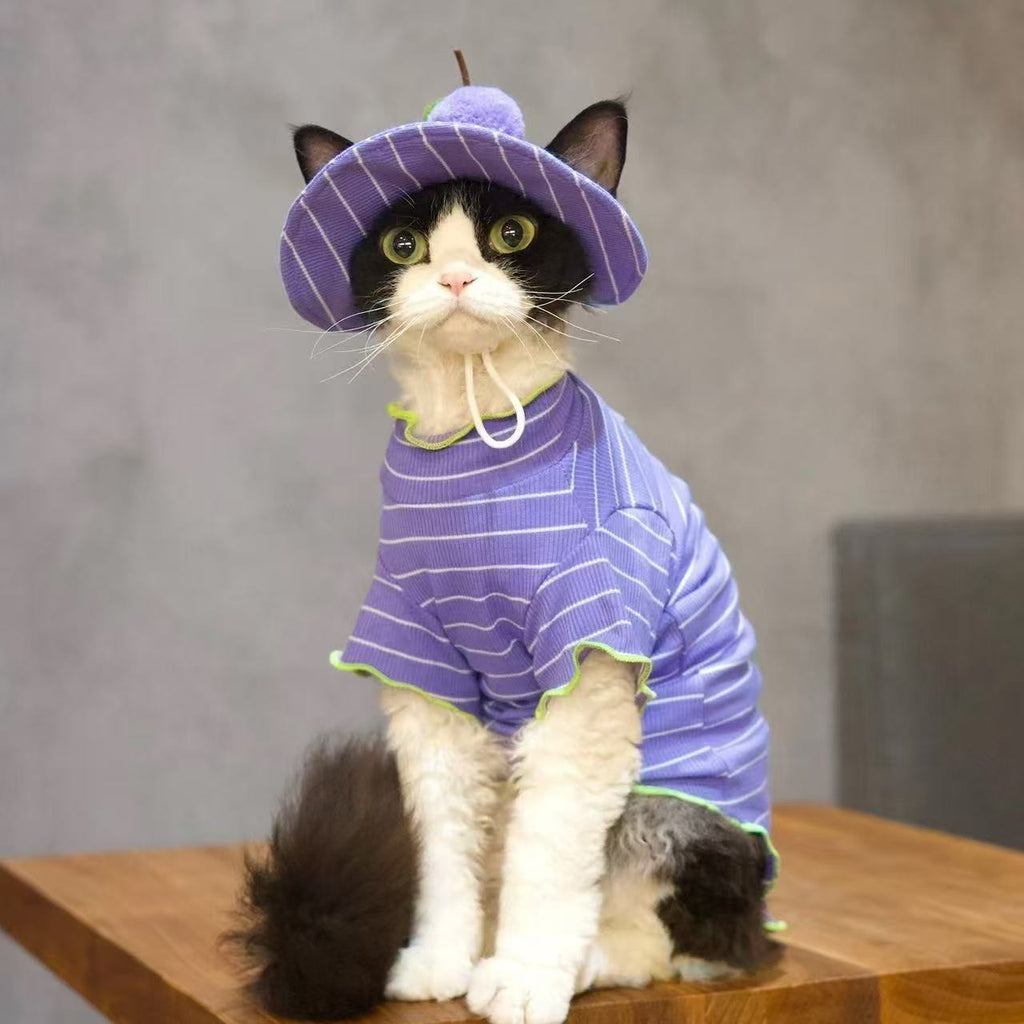 Cat Purple Striped Summer Outfit T-Shirt And Grape Sun Hat 2 Piece Set