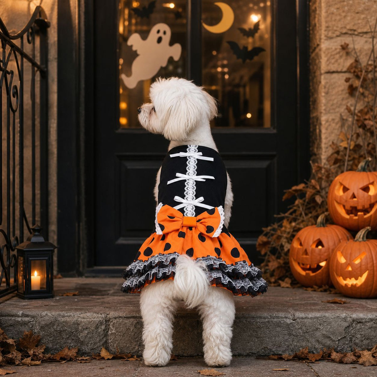 Halloween Dog Dress, Cute Pet Tutu Skirt With Orange Black Polka Dots Lace Bow, Puppy Party Costume For Small Medium Dogs, Bichon Maltese Teddy