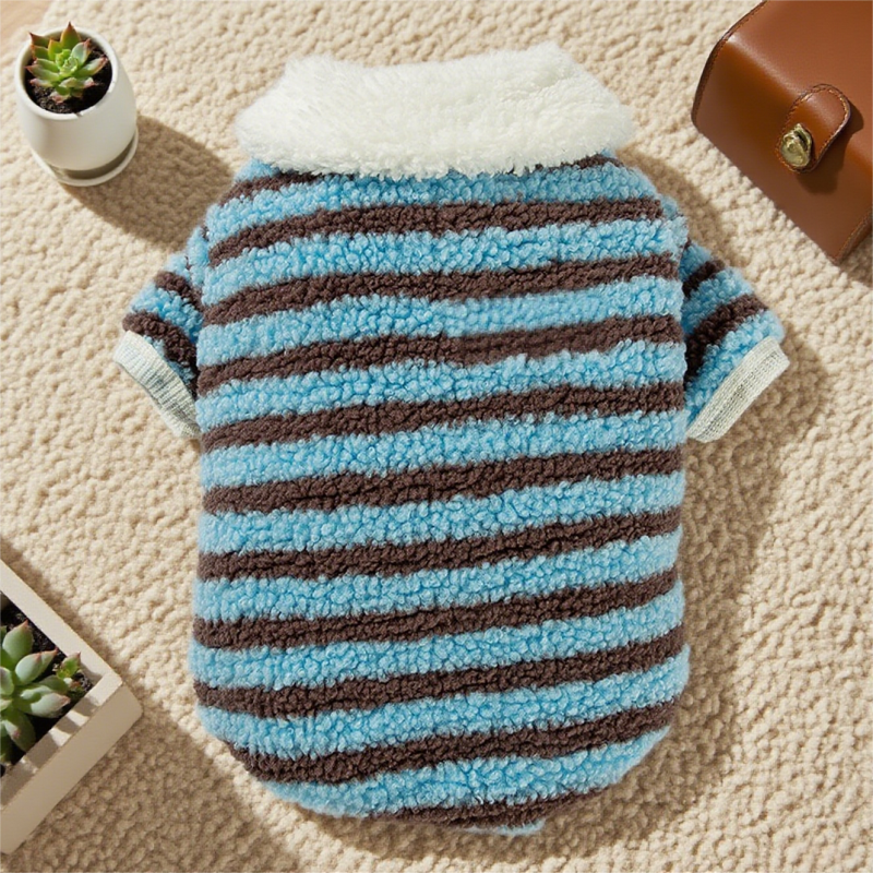 Soft Plush Striped Pet Shirt, Cozy Button-Down Puppy Sweater For Small Dogs And Cats, Warm Winter Fleece Dog Clothing, Comfortable Puppy Outfit For