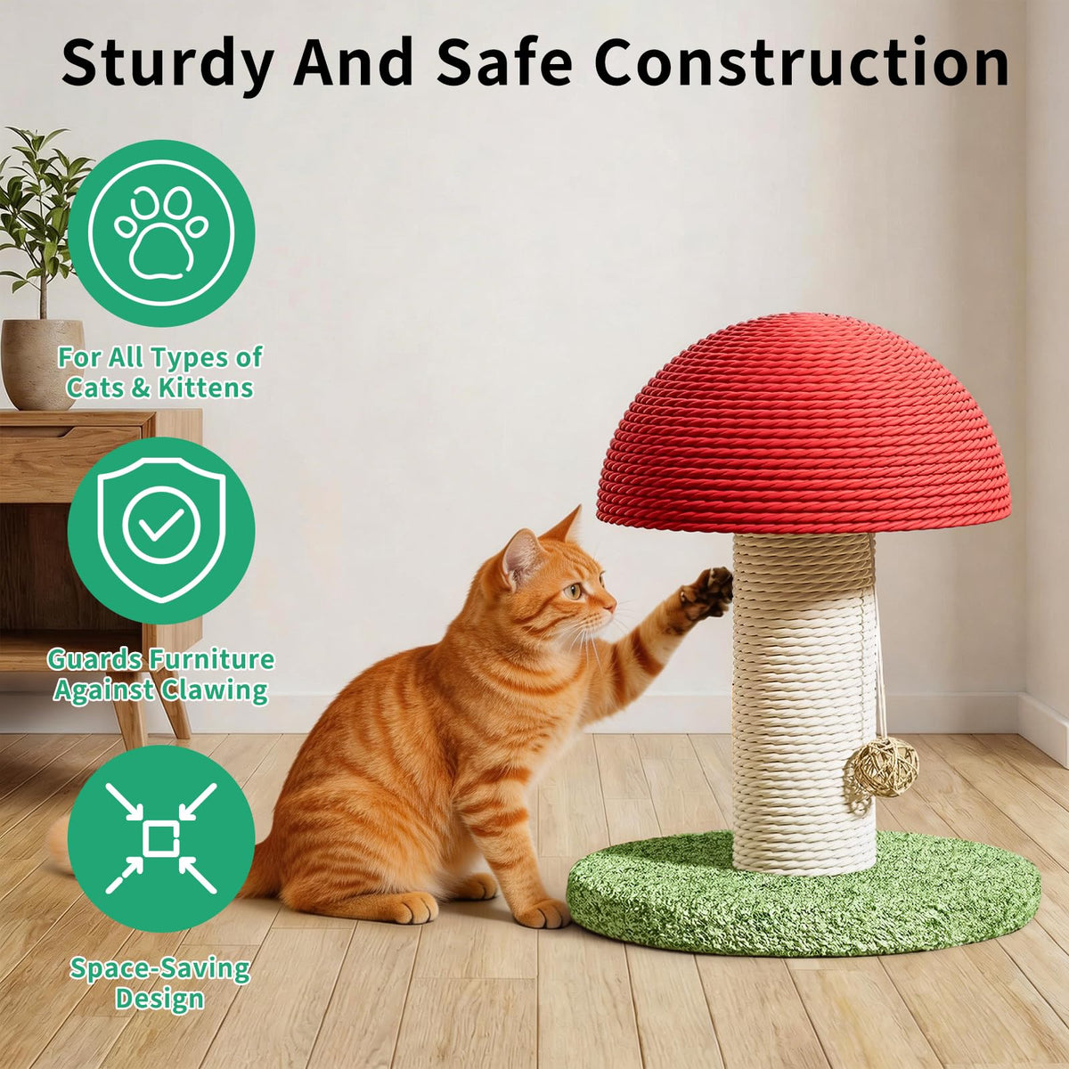 Mushroom Cat Scratching Post 11inch For Kitten & Small Cats, Mini Cat Tree Stable Base, Natural Sisal Scratcher With Hanging Ball, Space Saving Indoor