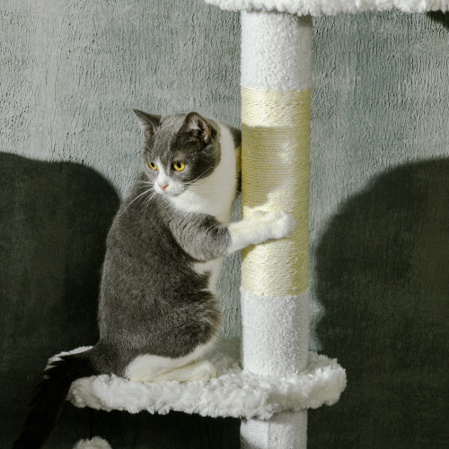 PawHut Floor To Ceiling Cat Tree With Scratching Posts, 88.5-100.5 Adjustable Height, Cat Climbing Tower With Cloud Shape Platforms, Toy Balls