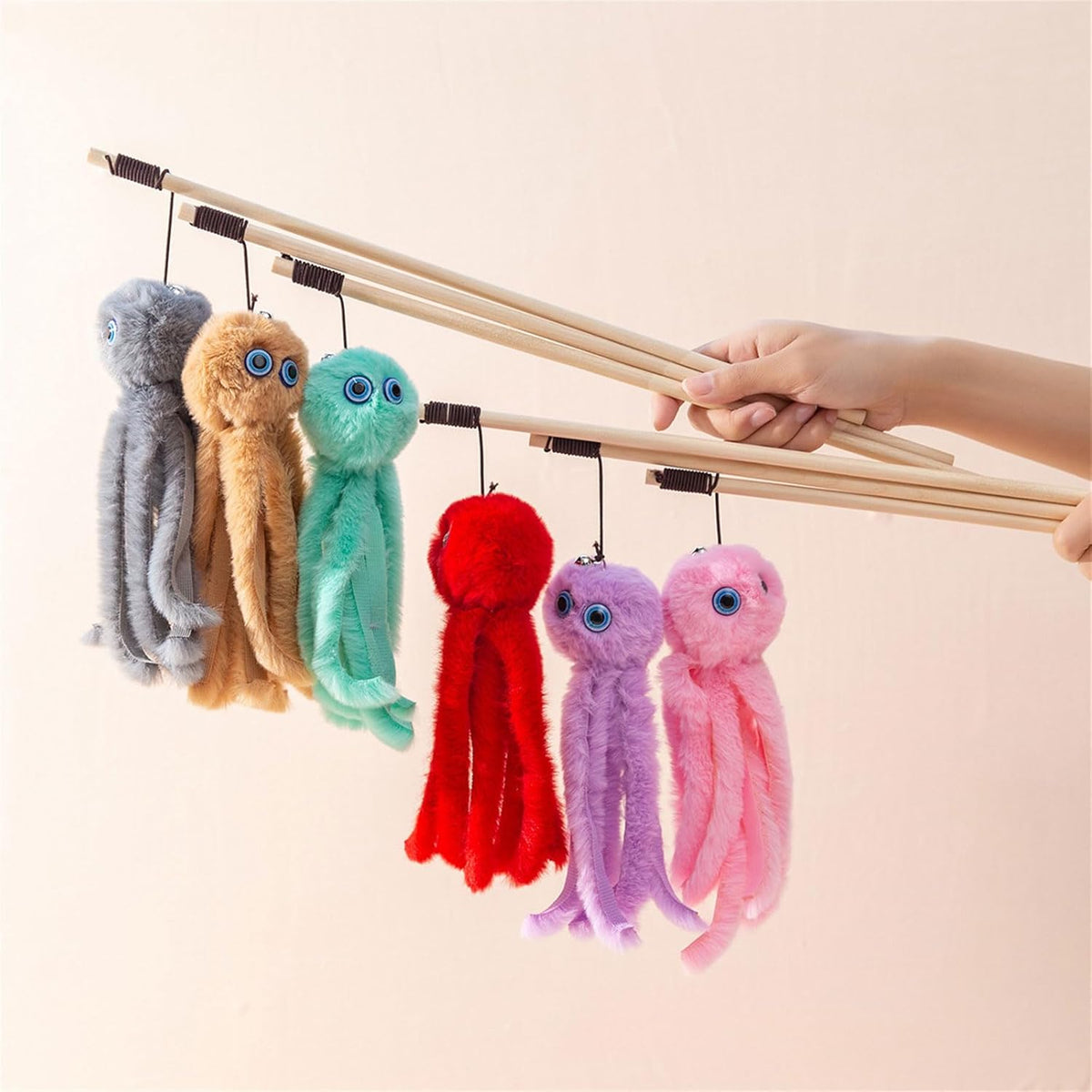 Lovely Toy For Indoor Kitten Cat Furry Octopus Toy With Eyes Long Stick Cat And Kitten Funny Toy
