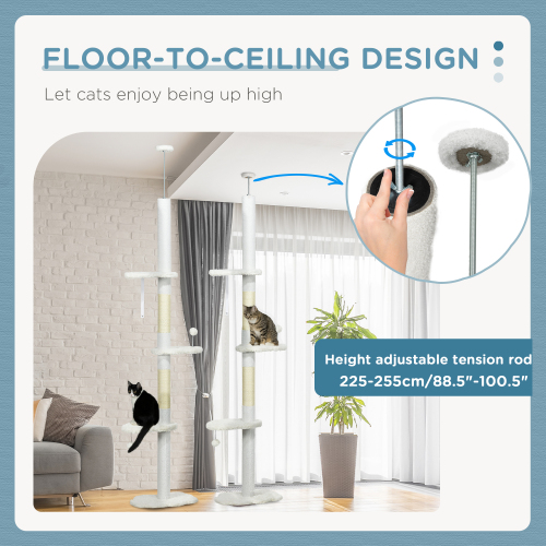 PawHut Floor To Ceiling Cat Tree With Scratching Posts, 88.5-100.5 Adjustable Height, Cat Climbing Tower With Cloud Shape Platforms, Toy Balls