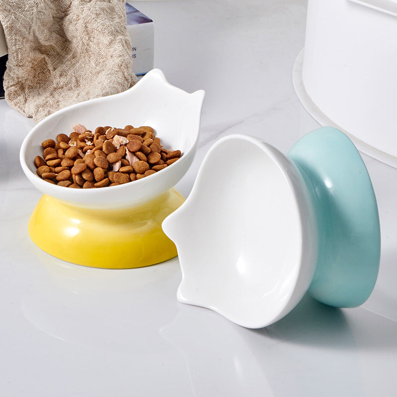 Ceramic Oblique Mouth High-foot Cat Pet Bowl