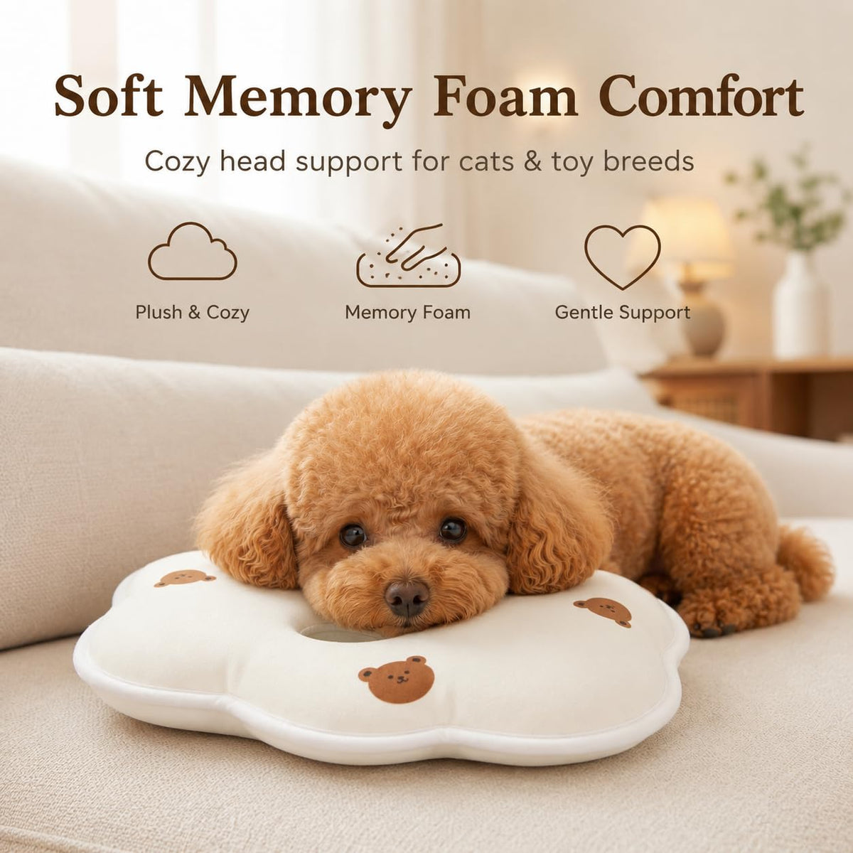 Soft Memory Foam Pet Pillow For Small Dogs And Puppies - Ergonomic Bear-Shaped Cushion For Head And Neck Support, Cozy Nap Bed For Home And Travel