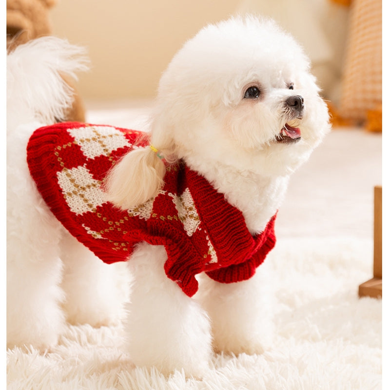 Thick And Warm Diamond-shaped Embroidered Cherry Small Flying Sleeve Sweaters For Dogs In Autumn And Winter, As Well As Pet Clothes For Small And