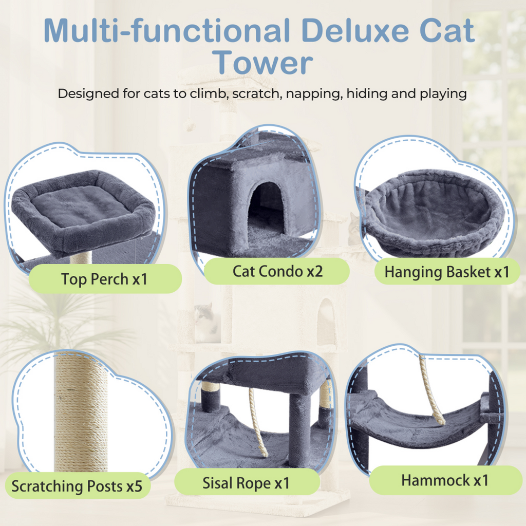 66 Inch Cat Tree Tower, Large Multi-Cat Climbing Extended Platform, Hammock, Pet House For Indoor Cats And Kittens Play
