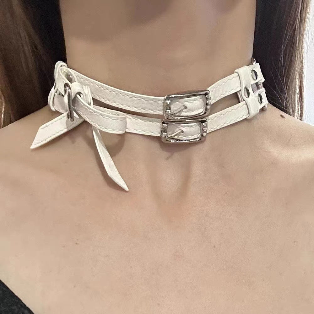 Women's Cool White Bow Leather Necklace