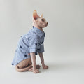 Sphynx Cat Cotton Shirt With Tie Blue Striped With Stars Pattern