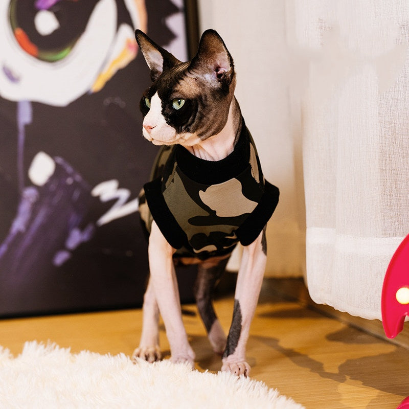 Sphynx Cat Camouflage Cotton Summer Shirt Breathable Lightweight Clothing For Hairless Cats Devon Rex