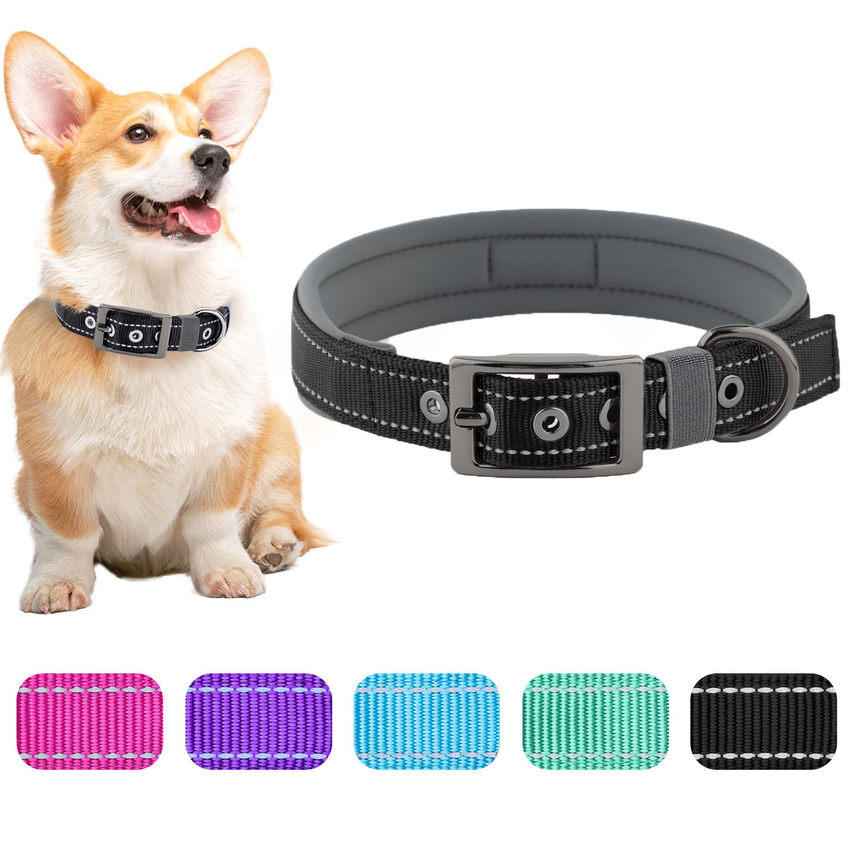 Reflective Dog Collar For Medium Dogs, Adjustable Wide Soft Comfortable Breathable Neoprene Padded Nylon Collar With Heavy Duty Metal Buckle For