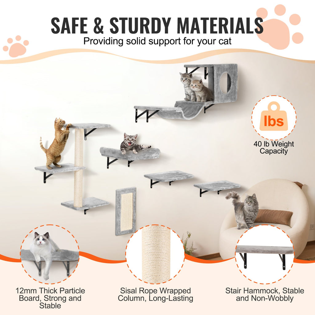 Wall Mounted Cat Shelves Tree With Jump Boards Hammock Sofa Grip Set Of