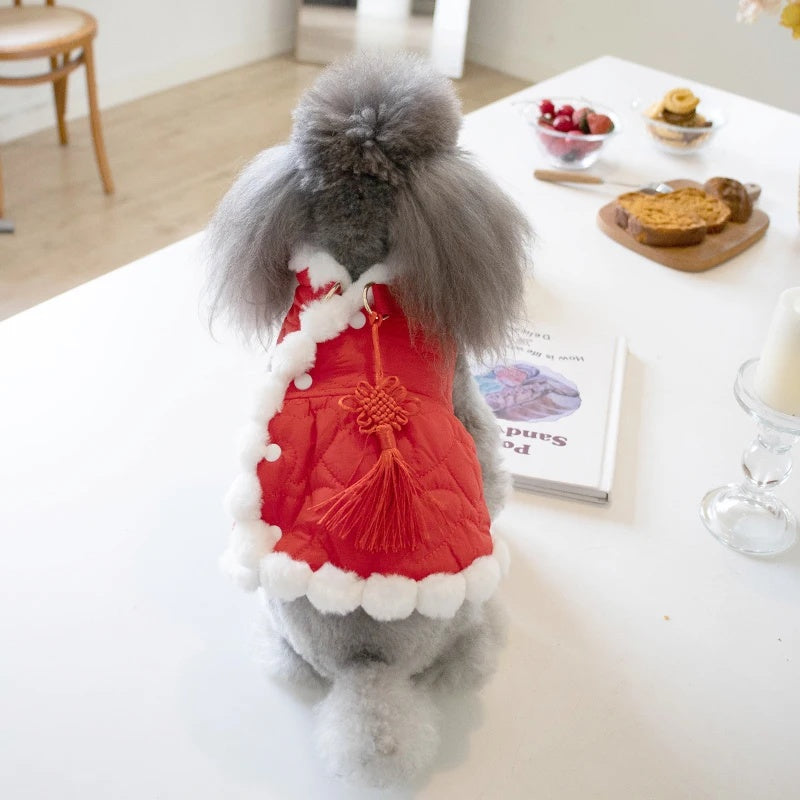 Pet Autumn And Winter Thickening Fur Collar Red Chinese Knot New Year Clothes