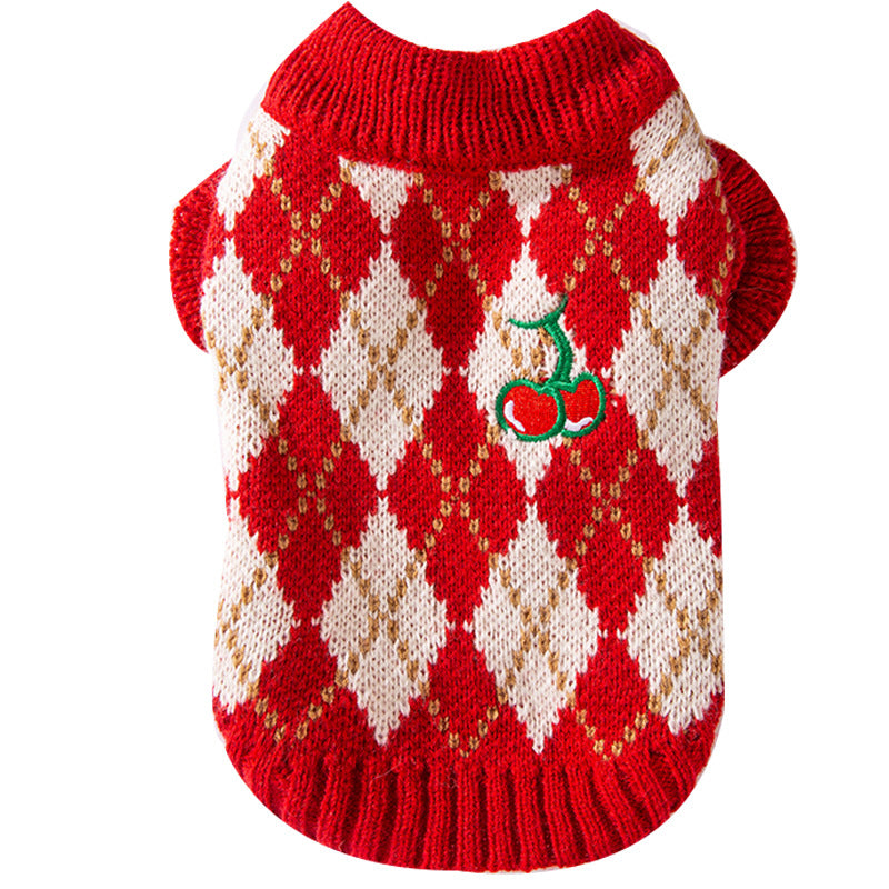 Thick And Warm Diamond-shaped Embroidered Cherry Small Flying Sleeve Sweaters For Dogs In Autumn And Winter, As Well As Pet Clothes For Small And