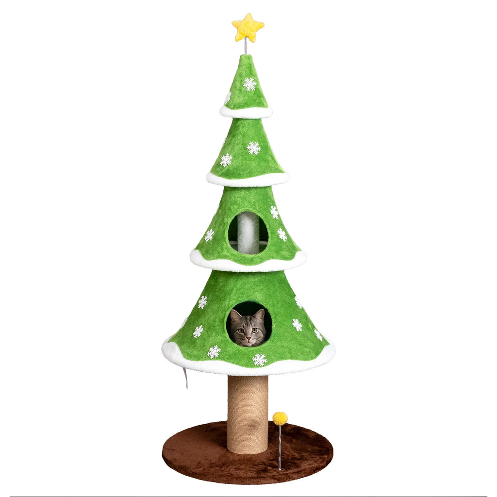 59in Large Tall Christmas Tree Cat Tower with 2 Cat Condos & Scratching Post, Soft Fleece Cat Tree with Teaser Toy & Sturdy Base & Built-in Openings