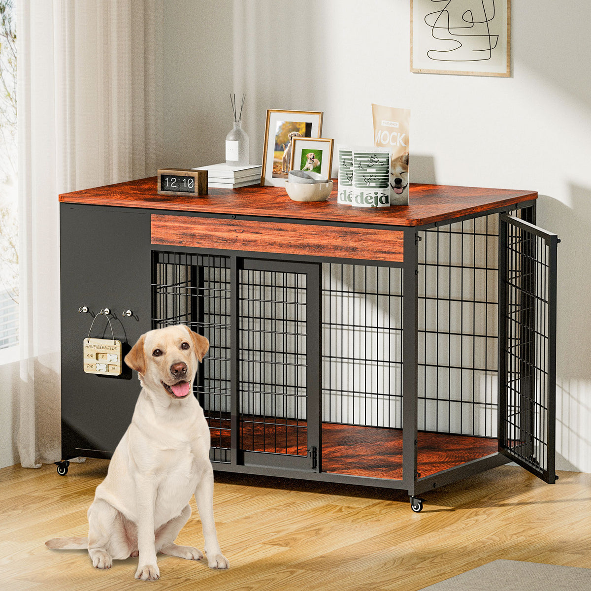 42-Inch Double Wide Wooden Double-Door Dog Crate Side Table Combo - Heavy-Duty DIY Assembly, Chew-Resistant Construction, Indoor Living Room