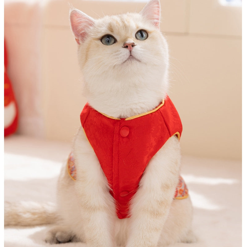 Warm Chinese Plum Blossom Patterned Tang Suit, Button-up Vest, Small Dog Teddy Pet Clothes For Cats In Autumn And Winter