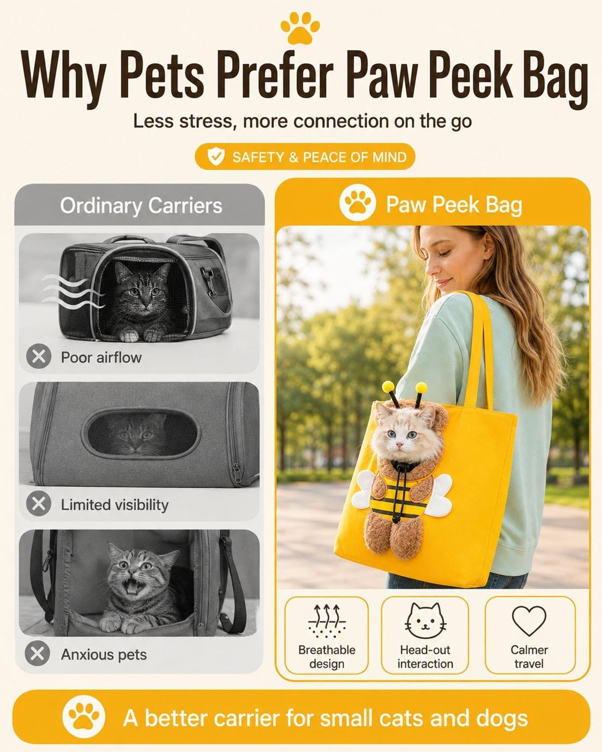 Paw Peek Bag, Breathable Pet Canvas Shoulder Carrier, Cat Dog Tote Colorful Animal Shapes Carrying Bag With Head-Out Design Adjustable Neck Small Dog